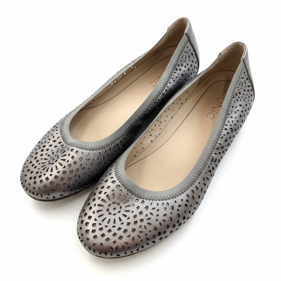 Vionic Shoes - Vionic Robyn Perforated Ballet Flat Pewter‎ Metallic Leather Comfort Slip On 9